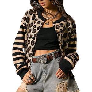 Cárdigan de Mujer Personalizado con Estampado de Leopardo, Estilo Y2K, Rayas, Botones, Manga Larga, Cuello Redondo, Bloques de Color, Top Moderno - Product Image 1