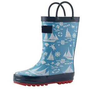 Botas de chuva de borracha para crianças, botas de borracha à prova d' água para meninos e meninas, com estampas divertidas e fácil nas alças