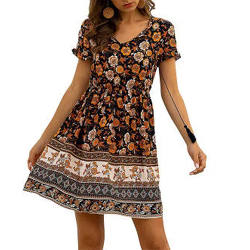 Hot Style women Bohemian Summer casual Dress chiffon Floral Holiday Print Skirt Dress
