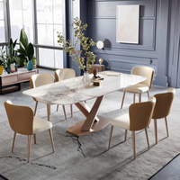 Table à manger en marbre blanc de luxe ensemble 6 chaises plateau en pierre frittée avec base en acier inoxydable doré pour meubles de salle à manger