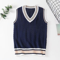 Gilet pull sans manches épais à rayures col en V style preppy unisexe anti-boulochage pour uniforme scolaire - Nouvelle collection printemps