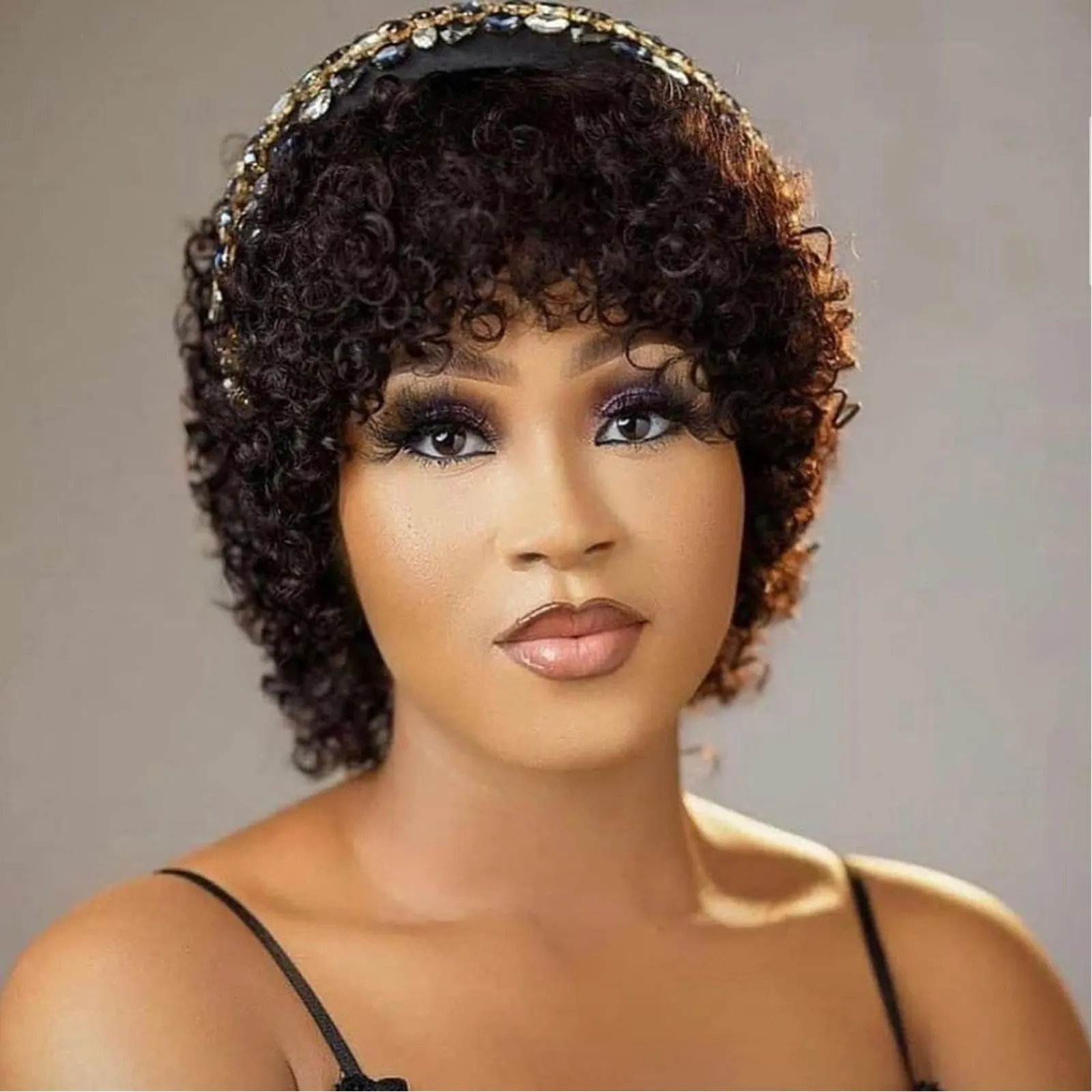 G&T Human Hair Short Curly Wigs for Black Women Brazilian Virgin Afro Wigs with Bangs Fluffy Natural Daily Wig