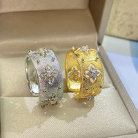 Bague Trèfle à Quatre Feuilles en Or Plaqué Or Vintage Italien, Zircon Cubique Bicolore, Style Palais, Faite à la Main, Bijou Femme en Pierre Précieuse