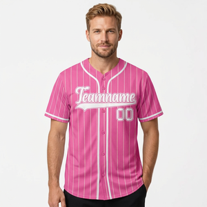 Camiseta de Béisbol Rosa Personalizada, Sublimada, a Rayas, de Manga Corta, con Botones al Frente, Uniforme con Número de Equipo - Product Image 1