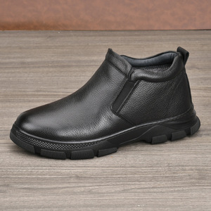 Bottines pour hommes en cuir véritable, bout rond, talon plat, doublure en fourrure, semelle extérieure en caoutchouc, bottes Chelsea isolantes, chaudes pour l'hiver, décontractées - Product Image 1