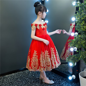 E2woo Nuevo Vestido Largo de Fiesta para Niñas, con Bordado de Flores Rojas, Estilo Princesa, de Un Solo Hombro, para Primavera y Verano - Product Image 5