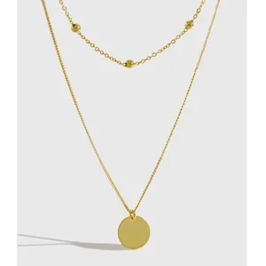 Statement S925 Sterling Silver 18K Gold Plated Double Layered Choker Chain Non Tarnish Jewelry Coin Pendant Necklace