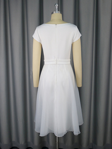 AM050323 collo quadrato manica corta Organza semplice tubino bianco abiti da sposa <span class=keywords><strong>Midi</strong></span> con cintura - Product Image 6