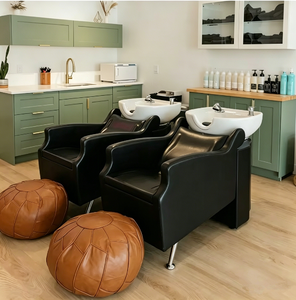 Sillón de peluquería de diseño moderno con cojín de asiento grueso, diseño semi-reclinable, color y LOGO personalizables, lavacabezas de cerámica - Product Image 1