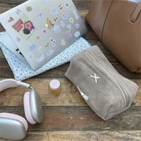 Trousse de maquillage en éponge douce et grillée, pochette cosmétique de décoration avec nœud et fleur beige blush