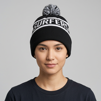 Bonnet unisexe en acrylique noir jacquard tricoté, avec revers rayé et pompon contrastant, pour ski et activités hivernales en extérieur, taille 58-60 cm