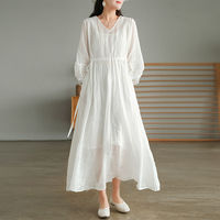 Robe longue Muguyu à manches classiques, style Normcore/Minimaliste, avec ceinture, col en V, en coton et lin, coupe ample, couleur unie, pour l'été