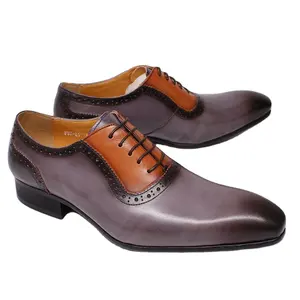 Hakiki deri el yapımı Oxford ayakkabı kauçuk taban kahverengi erkek elbise ayakkabı