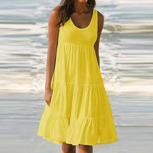 Nuevo Diseño de Vestidos Casuales de Verano para Mujer, Estilo Midi, Tejidos, de Playa, Color Sólido, sin Mangas, con Volantes, Cintura Alta, para Vacaciones - Product Image 1