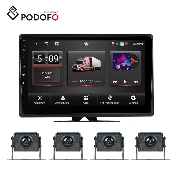 Podofo 10.1 "Androidクワッドスプリットモニター4xカーリバースカメラワイヤレスCarplay/Android Auto/DVR/WiFi/BT/2 RVキャンパー用32GB