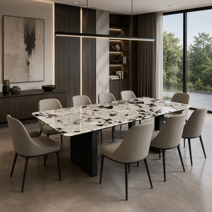 Table à manger personnalisée en quartzite Snow Fox, plateau rectangulaire, style moderne, pour villa, 6 à 8 places, pieds en métal, mobilier en pierre - Product Image 5
