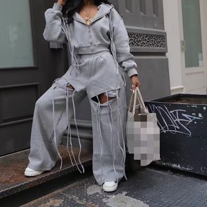 Nouveauté : Ensemble 2 pièces décontracté pour femme, pantalon ample à jambes larges avec fermeture éclair unique à capuche, vêtements de sport tendance - Product Image 2