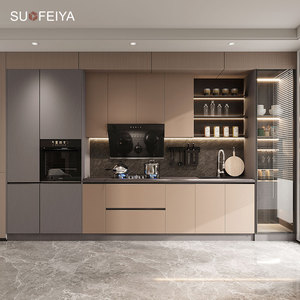 SOFEYIA Armoire de cuisine éthiopienne moderne sur mesure <span class=keywords><strong>MDF</strong></span> <span class=keywords><strong>laque</strong></span> Design plat avec robinet de charnière de porte en verre pour hôtels Chine - Product Image 1