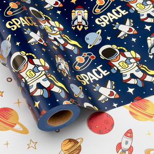Papier d'emballage pour garçon, bleu foncé, double face, motif astronaute et vaisseau spatial, papier d'emballage laser pour anniversaire d'enfant, usage quotidien - Product Image 1