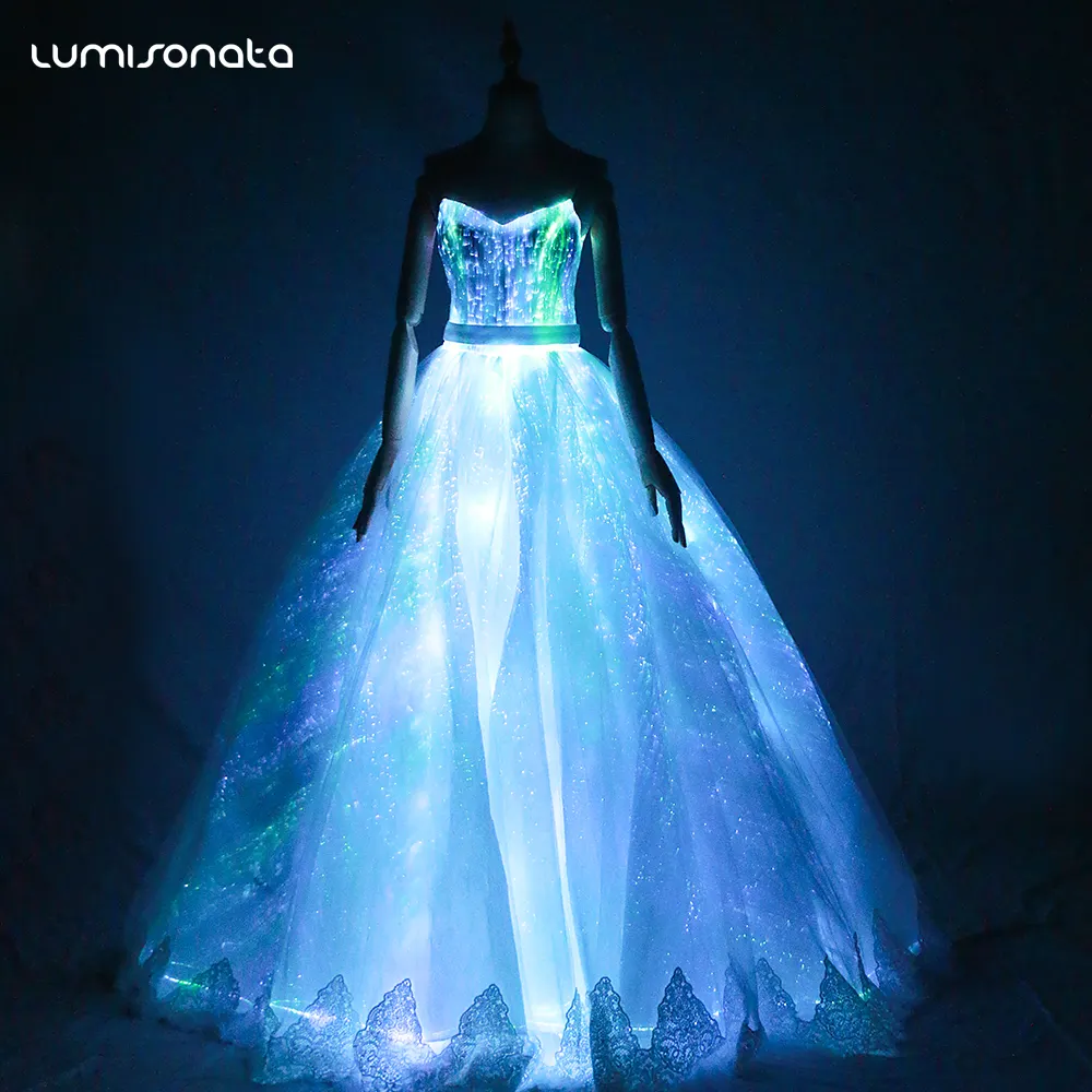 Nacional de 2021 estilo una pieza vestido cinturón hecho con luminosa Led tela de fibra óptica brillante de fibra óptica vestido de boda