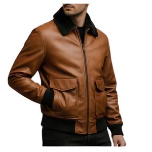 Veste aviateur en cuir d'agneau brun artisanal de qualité supérieure pour homme avec col en fourrure d'agneau amovible - Product Image 3