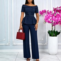 Ensemble 2 pièces pour femmes : Haut à épaules dénudées à manches courtes et pantalon large, tailleur uni à double boutonnage avec ceinture