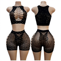 Maxsun Performance Wear Tenue de danse exotique sexy deux pièces avec strass, jupe moulante ajourée et body résille