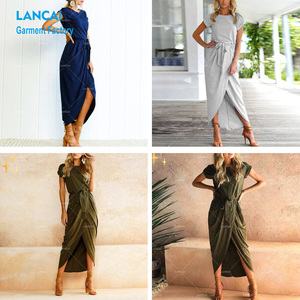 Abito estivo da donna di alta qualità a maniche corte <span class=keywords><strong>con</strong></span> <span class=keywords><strong>spacco</strong></span> anteriore Casual a vita alta vestito avvolgente <span class=keywords><strong>con</strong></span> cintura elegante moda donna - Product Image 1