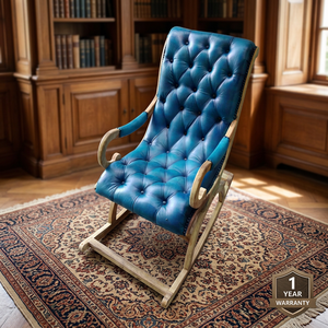 Luxury European Outdoor Hotel Bamboo Rocking Chair Tufted Leather Seat Soft Blue Comfortable Furniture for Living Room-Best - Product Image 1