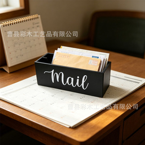 Wooden Mail Organizer Box Black Rectangle Desktop Storage Letter Rack Office <b>Desk</b> Document Holder <b>Solid</b> <b>Wood</b> No Lid Standing - Product Image 5