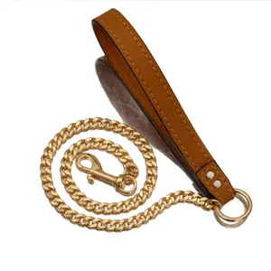 11.5mm Stainless steel pet dog leather leash heavy big gold cuban link chain choke large luxury dog collar metal buckle