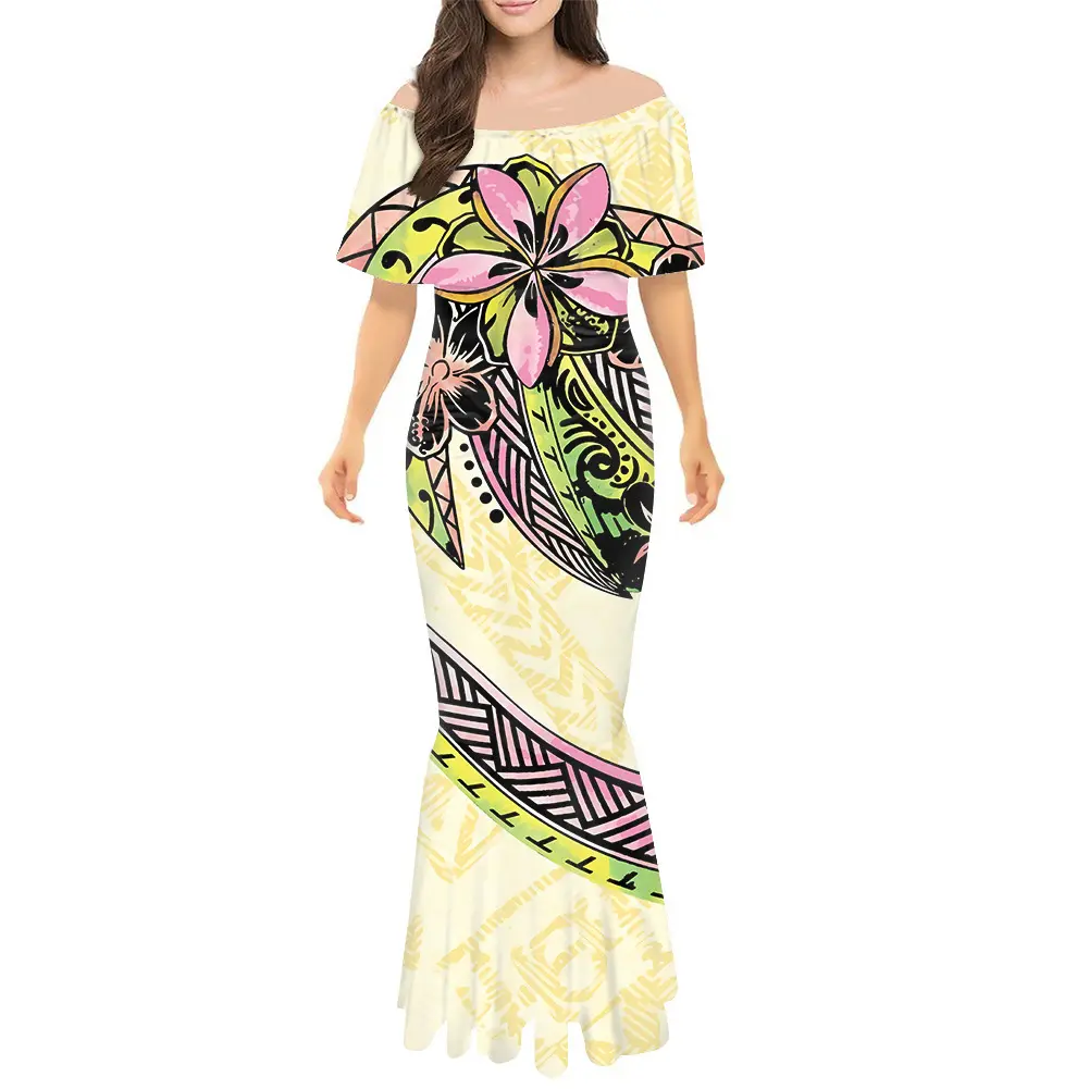 Custom Pattern Digital Printing Small Quantity One-shoulder Polynesian Printed Fabric Samoan Tribal Dresses Mermaid