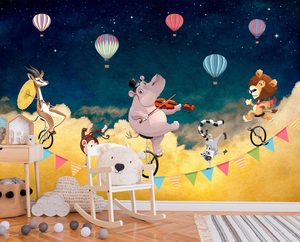 Kertas dinding awan hewan kartun Wallpaper kamar tidur ruang tamu dinding kamar tidur singa jerapah gajah balon udara panas