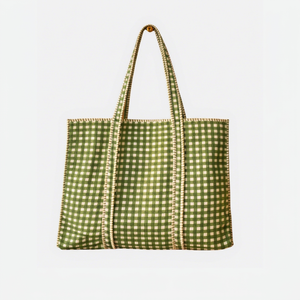 Sac fourre-tout en coton à carreaux verts, fermeture ouverte, sac de shopping pour femmes, toutes saisons - Product Image 1