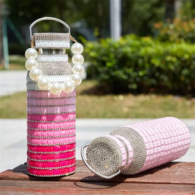 500ml Diamond Water Bottle Thermal insulation bling bling rhinestone water bottle with pearls and chain