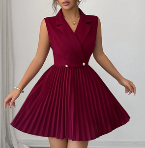 <span class=keywords><strong>Abito</strong></span> <span class=keywords><strong>Mini</strong></span> da Donna con Colletto Blazer Senza Maniche Bordeaux 2026, Doppio Petto e Pieghe, per Ufficio e Feste - Produzione ODM OEM Personalizzata - Product Image 3