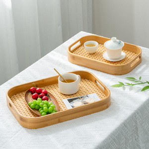 Plateau à thé en bambou avec insert en rotin, style simple, plat de service pour fruits et thé, rectangle 30 cm - Product Image 1