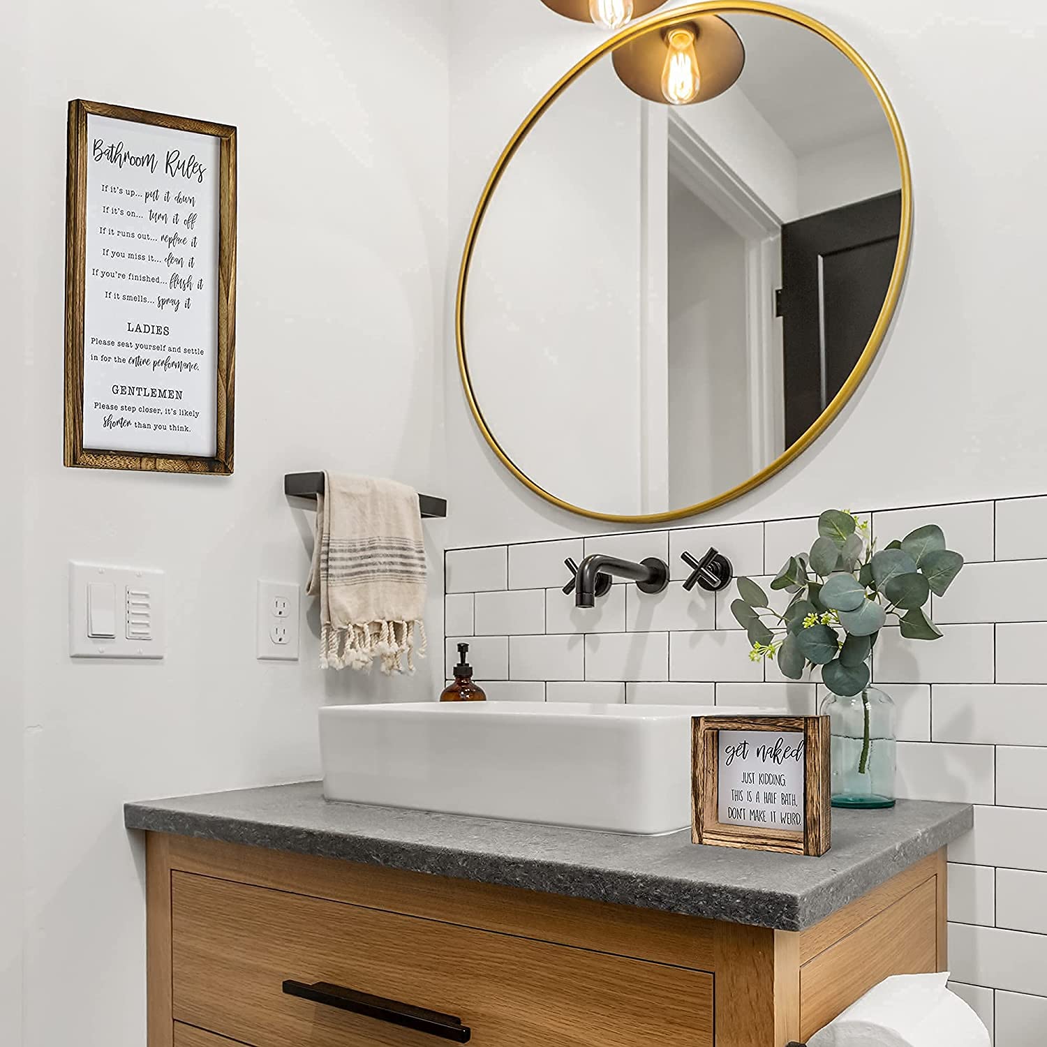 Bathroom Rules: Cartello Divertente In Legno Per Parete Del Bagno - 30x45 Cm Stile Rustico