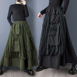 2026 New Wholesale Women Spring Dark Style Mesh Spliced Pocket Tulle Pleated Gathered a Line Midi <strong>Skirt</strong> D Ring Strap Loose - Product Image 2