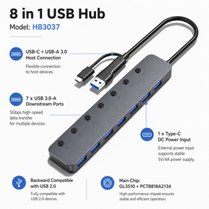 Hub <span class=keywords><strong>USB</strong></span>-<span class=keywords><strong>C</strong></span> 8-en-1, répartiteur <span class=keywords><strong>USB</strong></span> 3.0 à 7 ports avec interrupteurs d'alimentation individuels, en aluminium, <span class=keywords><strong>adaptateur</strong></span> d'alimentation 2-en-1 double port hôte 5V 4A - Product Image 5