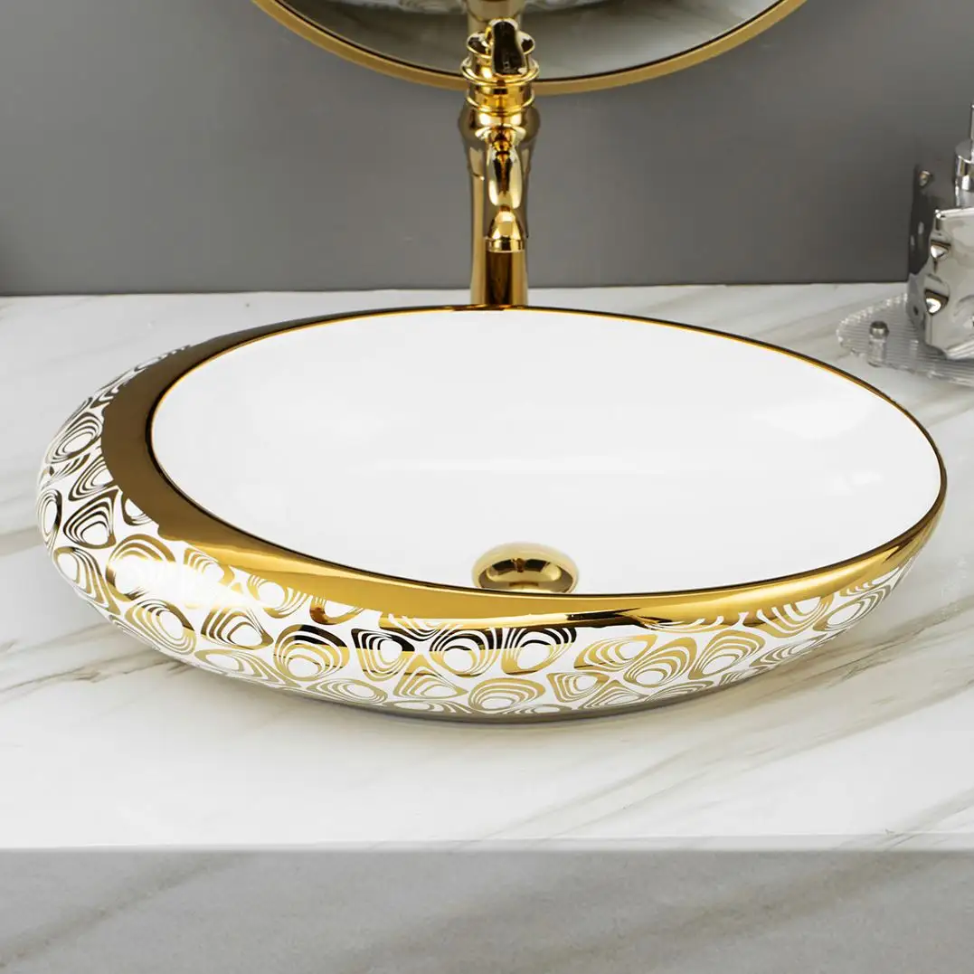 Wholesale Luxury Royal washbasin counter top lavatory ceramic art basin disegn golden rim hand wash basin