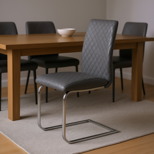 Sedia da Pranzo Contemporanea in Ecopelle Grigia con Cuciture a Diamante e Gambe in Metallo Cromato per Sala da Pranzo, Arredamento Moderno per la Casa - Product Image 2