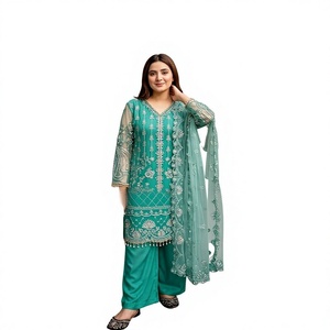 Ensemble Kurta en coton bleu ciel brodé avec pantalon palazzo, coupe ample traditionnelle, longueur cheville, tenue ethnique style Inde Pakistan - Product Image 1