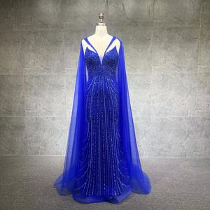 2025 <strong>Blue</strong> Luxury Dubai Beaded Lace Cape Sleeves Mermaid Evening Gown for Women Wedding Party <strong>Dresses</strong> - Product Image 5