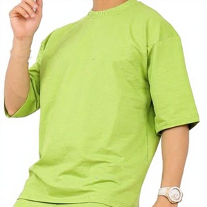 Ensemble t-shirt et short vert pour homme, col rond, couleur unie, tenue décontractée d'été, vêtements en coton tricoté, ensemble d'été pour homme - Product Image 2