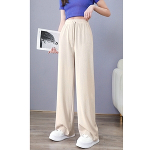 <span class=keywords><strong>Pantaloni</strong></span> Estivi da Donna in Seta Ghiaccio a Gamba Larga, Tinta Unita, Vita Alta, Comodi e Casual - Product Image 4