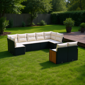 Modular <b>Black</b> Poly Rattan Garden Sofa Set 10 Seater Outdoor Furniture Contemporary Design Teak Wood <b>Frame</b> - Product Image 2