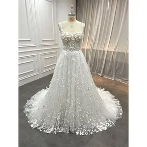 Công chúa thuyền cổ 3D hoa váy cưới lãng mạn phụ nữ Boho Alibaba Robe de Mariage thanh lịch Bridal Pearl gowns sang trọng