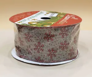 China fabricante natural serapilheira impressa com glitter vermelho fita de floco de neve borda com fio 10yd pacote a granel fita de estoque