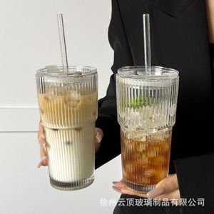 Tasse à café en verre rayée avec couvercle et paille, grande capacité, tasse de voyage, tasse à latte - Product Image 4